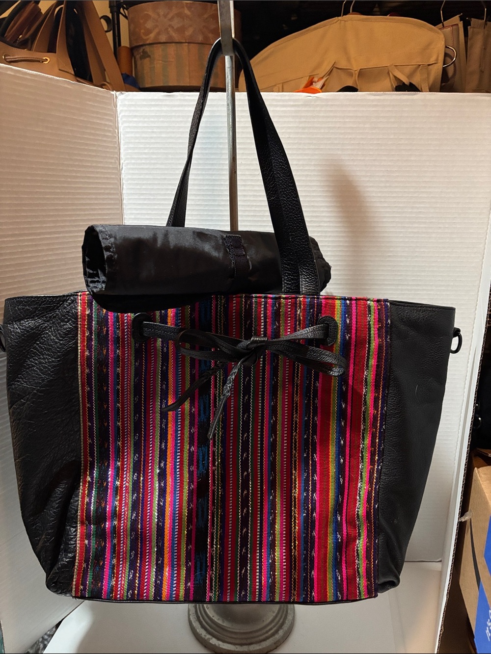 Rebecca Minkoff Black Tote Bag with Multicolor Stripe Front - Diaper Bag